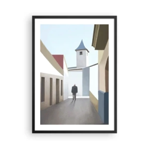 Poster in een zwarte lijst - Een minimalistische straat met een eenzame voorbijganger - 50x70cm - Een zonnige wandeling - Moderne wanddecoratie voor woonkamer en slaapkamer ARTTOR