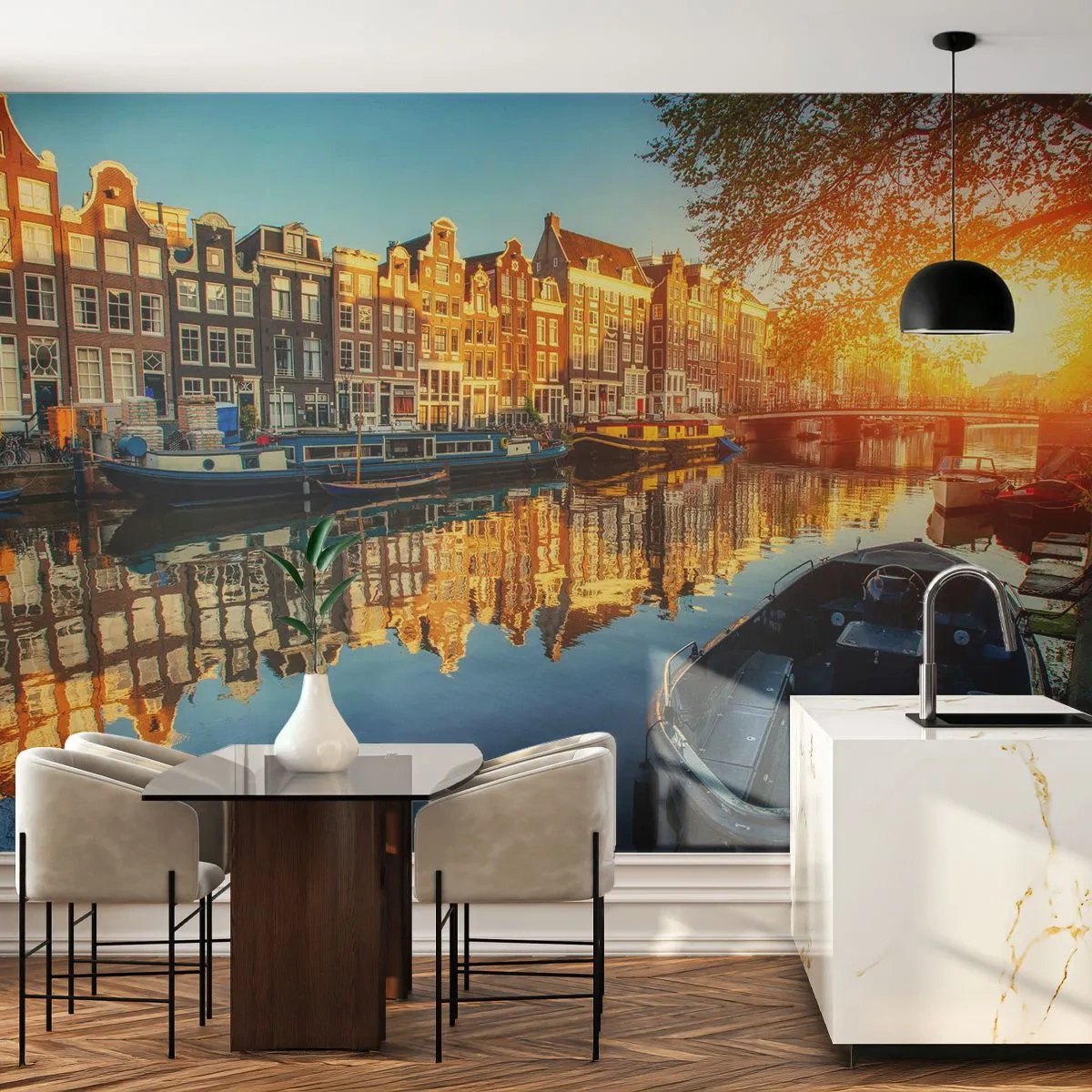 Fotobehang Premium Canvas - Ochtend in Amsterdam - Stad, Amsterdam, Architectuur - 250x175 cm