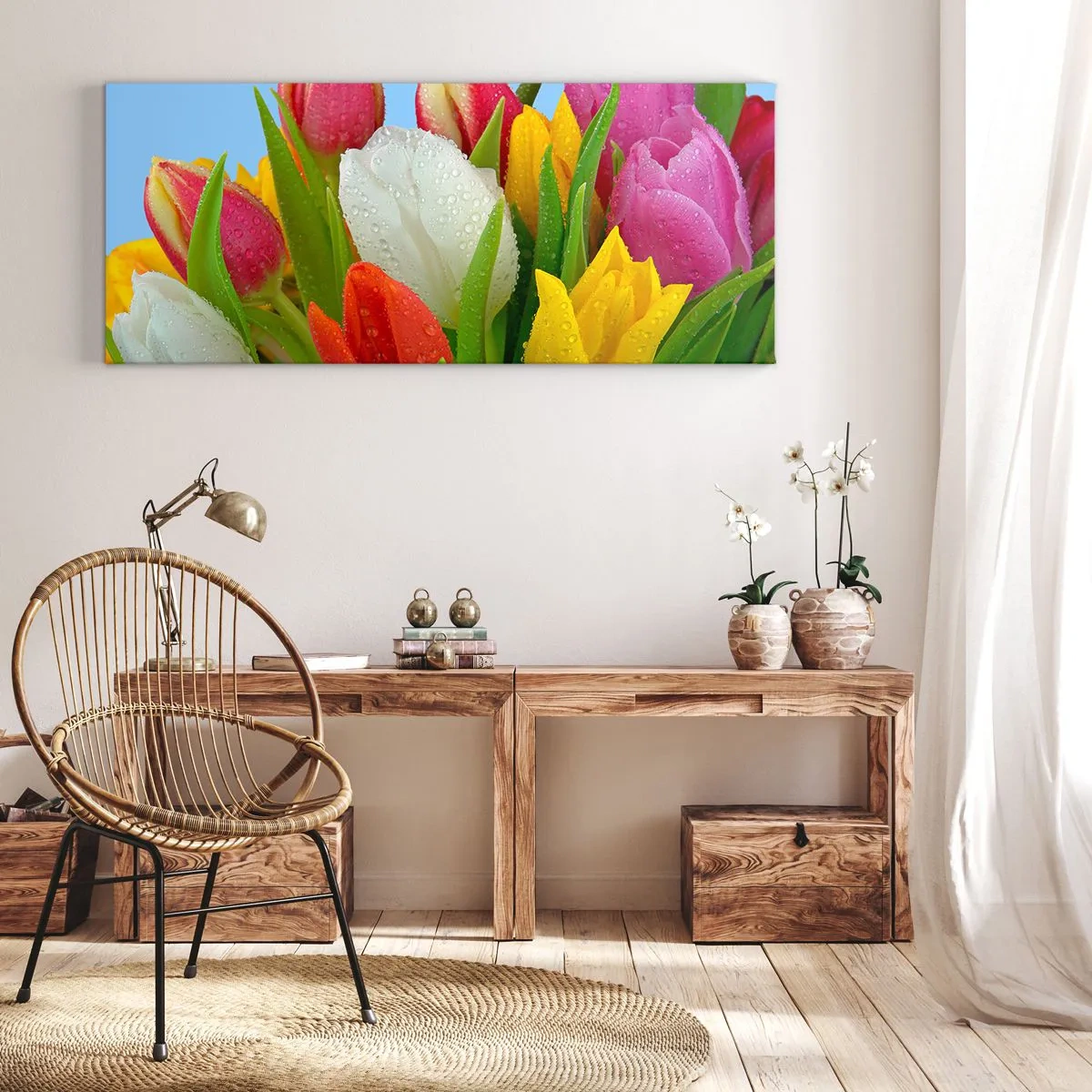 Schilderen op canvas - Een bloemenregenboog in dauwdruppels - 90x30 cm