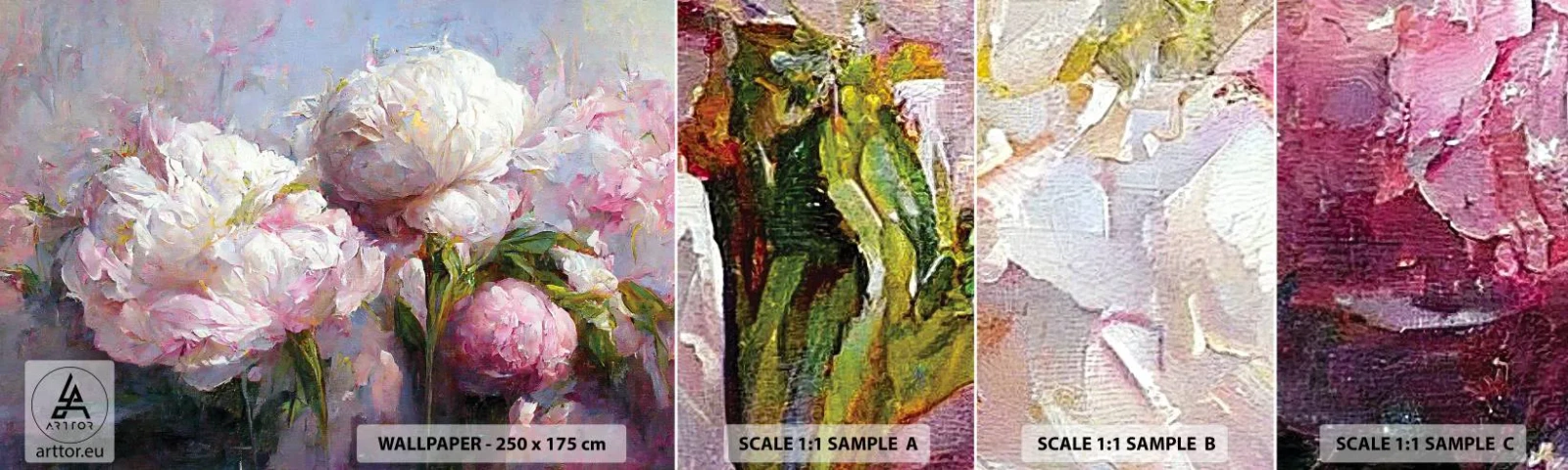 Fotobehang Monster Zelfklevend Deluxe Sticker - Een boeket vol leven - Bloemen, Pioenen, Classicisme - 100x30 cm