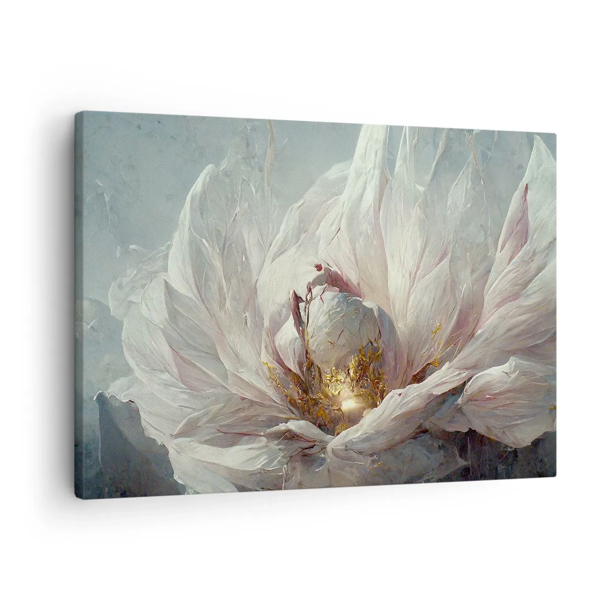 Schilderen op canvas - Een delicate witte bloem met subtiele gouden accenten - 70x50cm - Hij bloeit eens in de honderd jaar - Moderne wanddecoratie voor woonkamer en slaapkamer ARTTOR