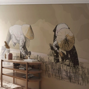 Fotobehang Premium Sand - Succesvolle oogst - Azië, Rijstplantage, Rijstveld - 300x210 cm