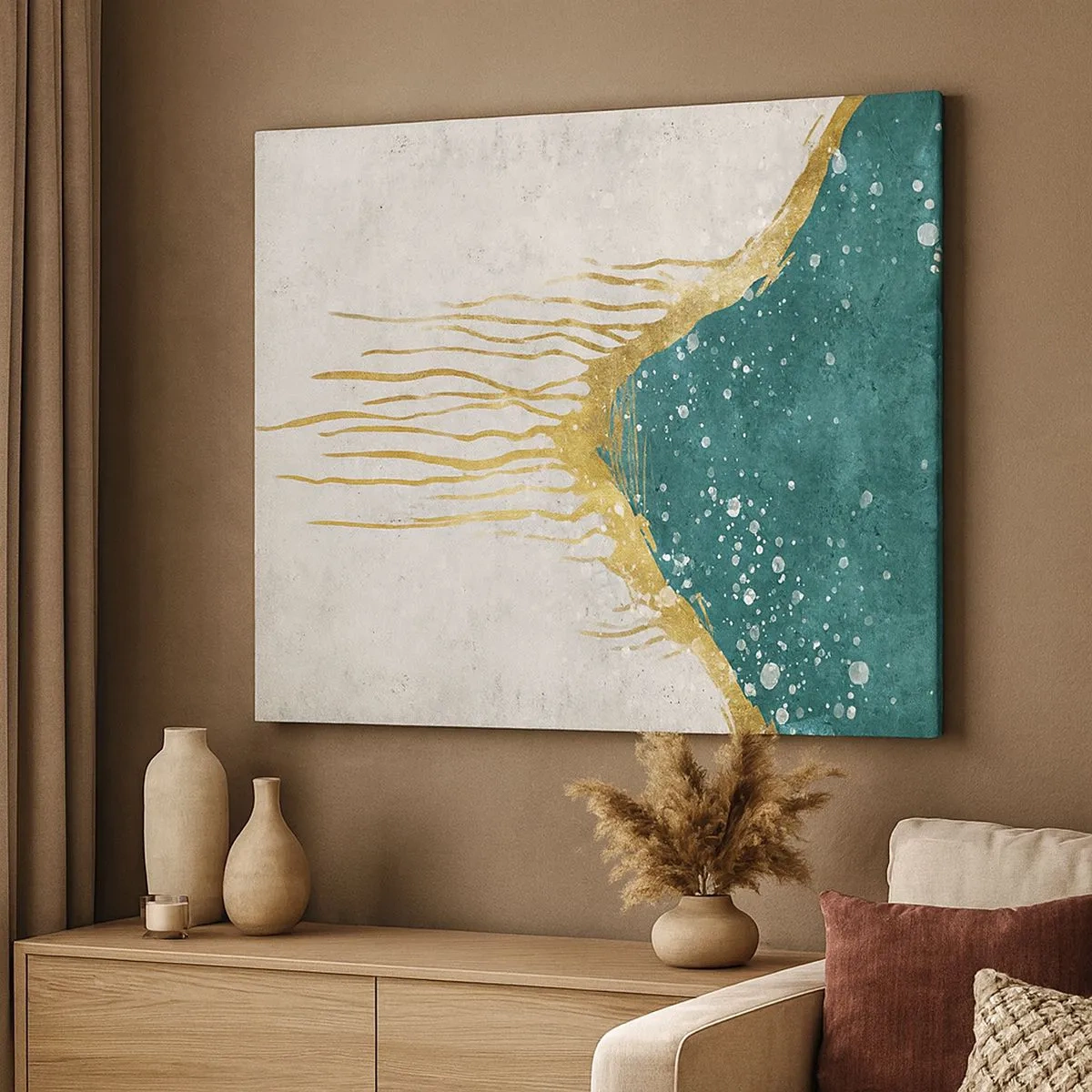 Schilderen op canvas - Een abstracte compositie in tinten goud en turquoise - 70x50cm - Gouden vloed - Moderne wanddecoratie voor woonkamer en slaapkamer ARTTOR