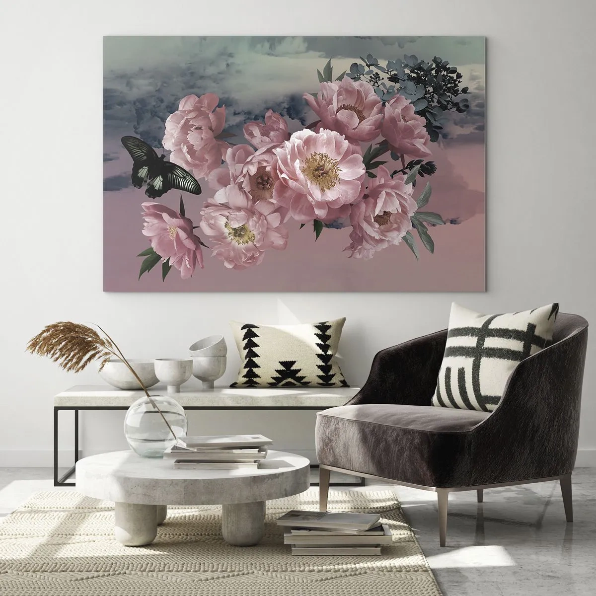 Schilderen op glas - Roze pioenrozen met een vlinder tegen de lucht - 70x50cm - Het hoogtepunt van de romantiek - Moderne wanddecoratie voor woonkamer en slaapkamer ARTTOR