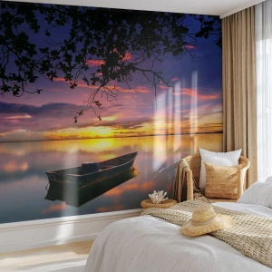 Zelfklevend Fotobehang Deluxe Sticker - "Je lijkt midden in de lucht te hangen..." - Landschap, Zonsondergang, Meer - 450x315 cm