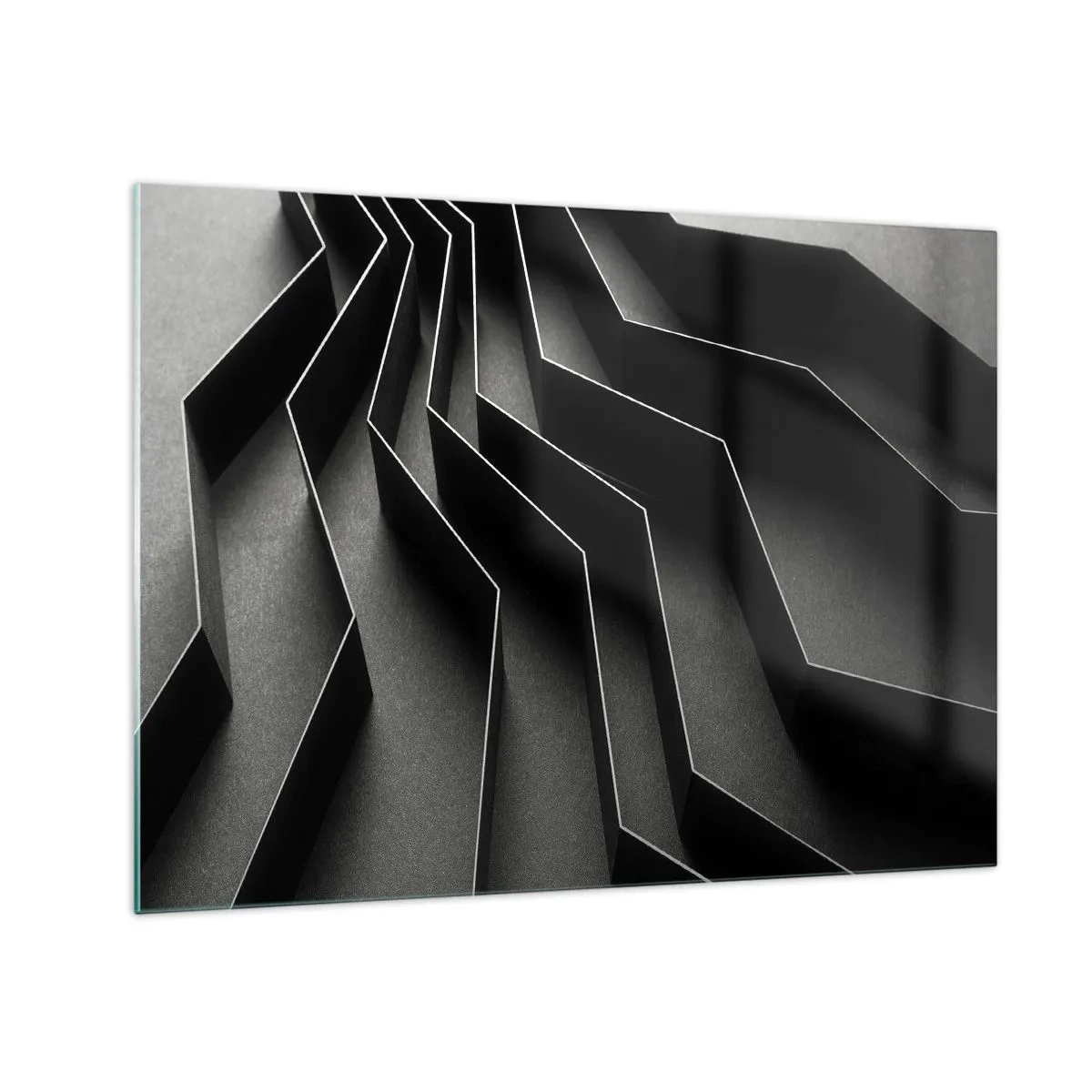 Schilderen op glas - Zwarte geometrische vormen met diepte en clair-obscur - 70x50cm - Ruimtelijke orde - Moderne wanddecoratie voor woonkamer en slaapkamer ARTTOR