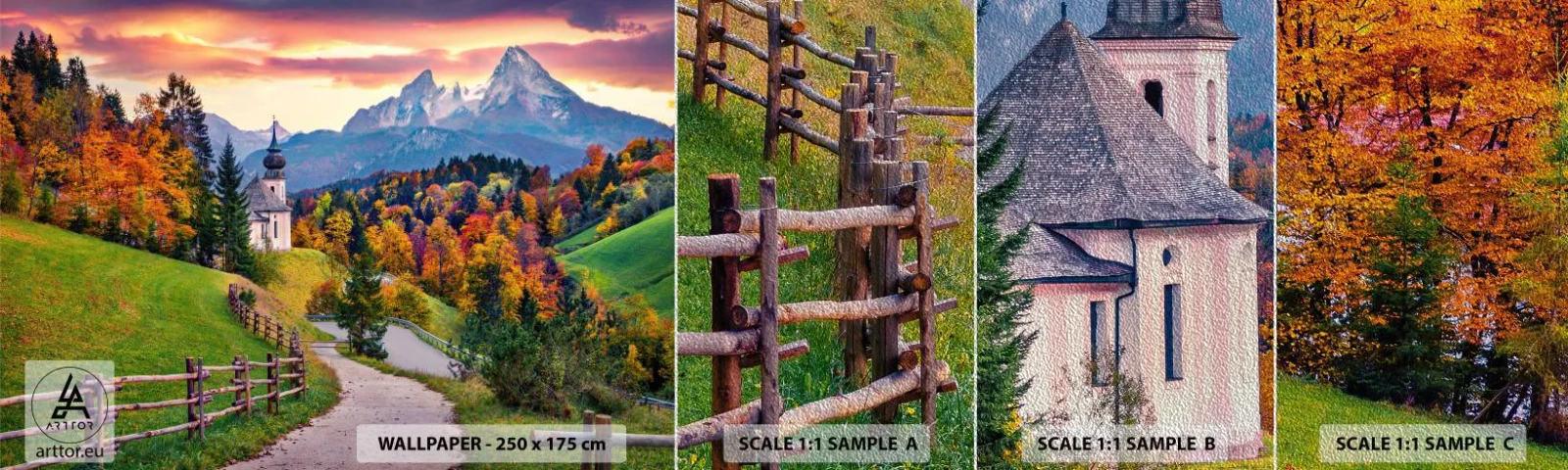 Fotobehang Monster Premium Sand - Landschap zoals geschilderd - Berglandschap, Pad, Kerk - 100x30 cm