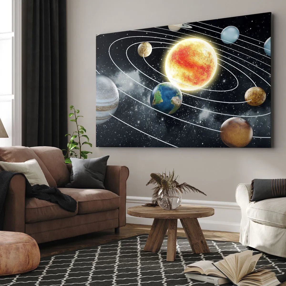 Schilderen op canvas - Zonnestelsel met planeten en de zon in de ruimte - 70x50cm - Kosmische dans - Moderne wanddecoratie voor woonkamer en slaapkamer ARTTOR
