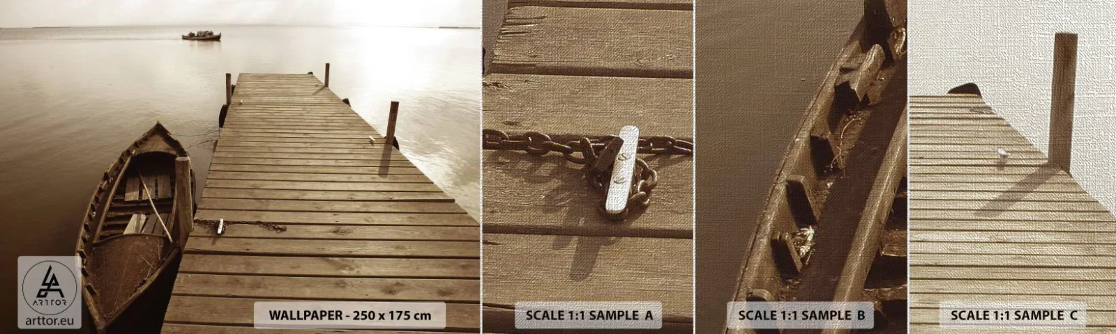 Fotobehang Monster Premium Canvas - Grote vrede - Landschap, Meer, Houten brug - 100x30 cm