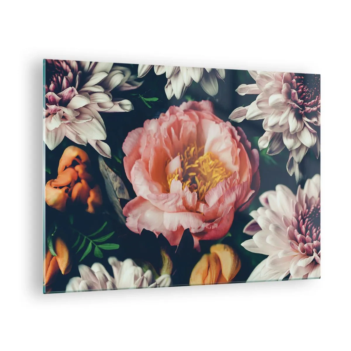 Schilderen op glas - Close-up van pioenrozen en chrysanten in pasteltinten - 70x50cm - Met barokke pracht - Moderne wanddecoratie voor woonkamer en slaapkamer ARTTOR
