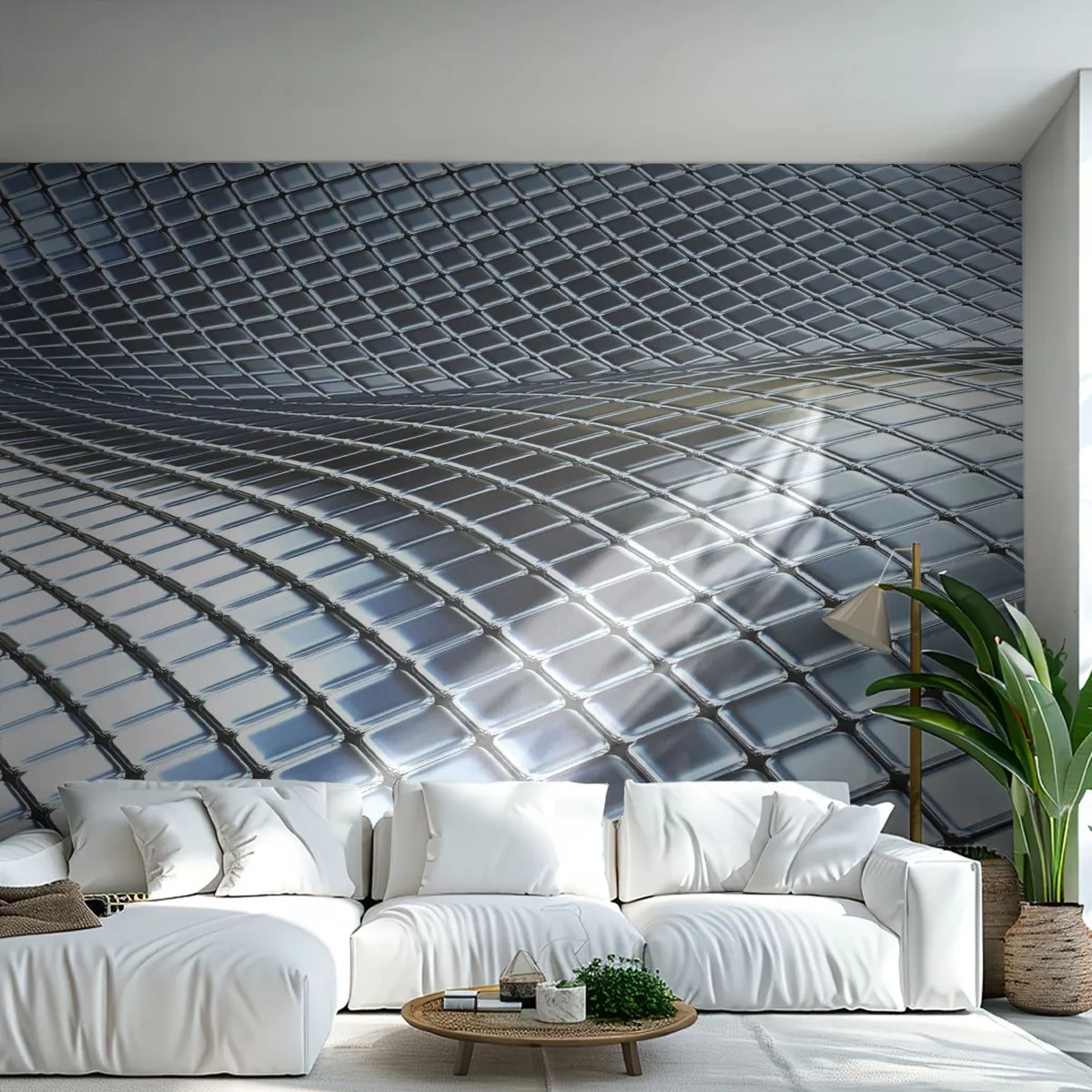 Zelfklevend Fotobehang Deluxe Sticker - Metallic zilveren golf - Abstractie, Grafisch, Deel - 250x175 cm