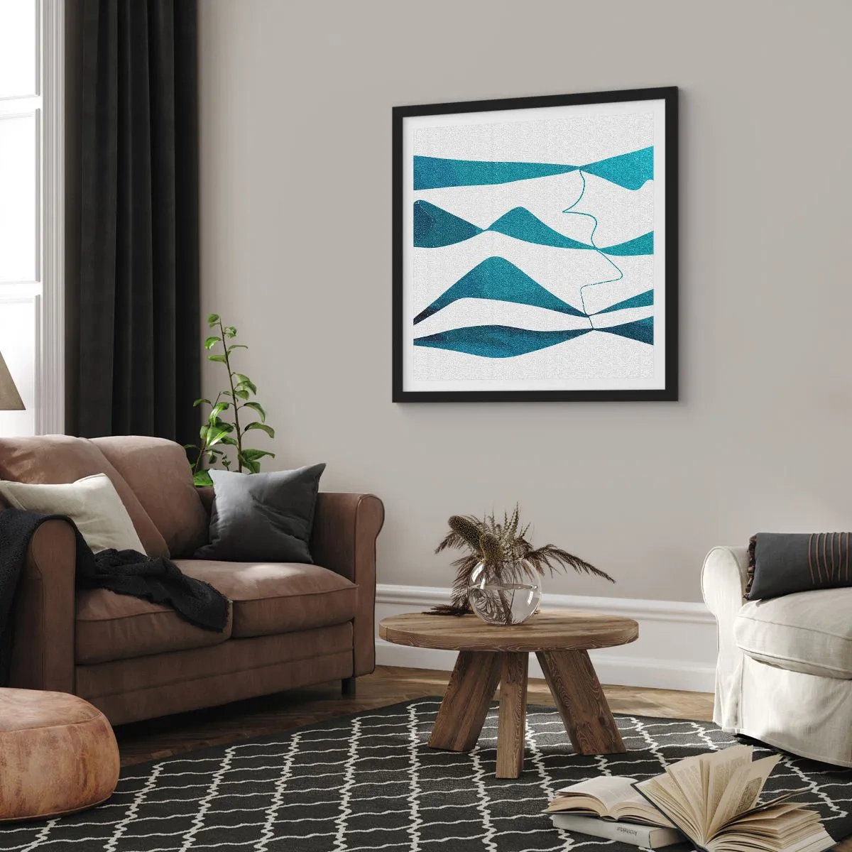 Poster in een zwarte lijst - Abstractie: turquoise verbinding - 30x30 cm
