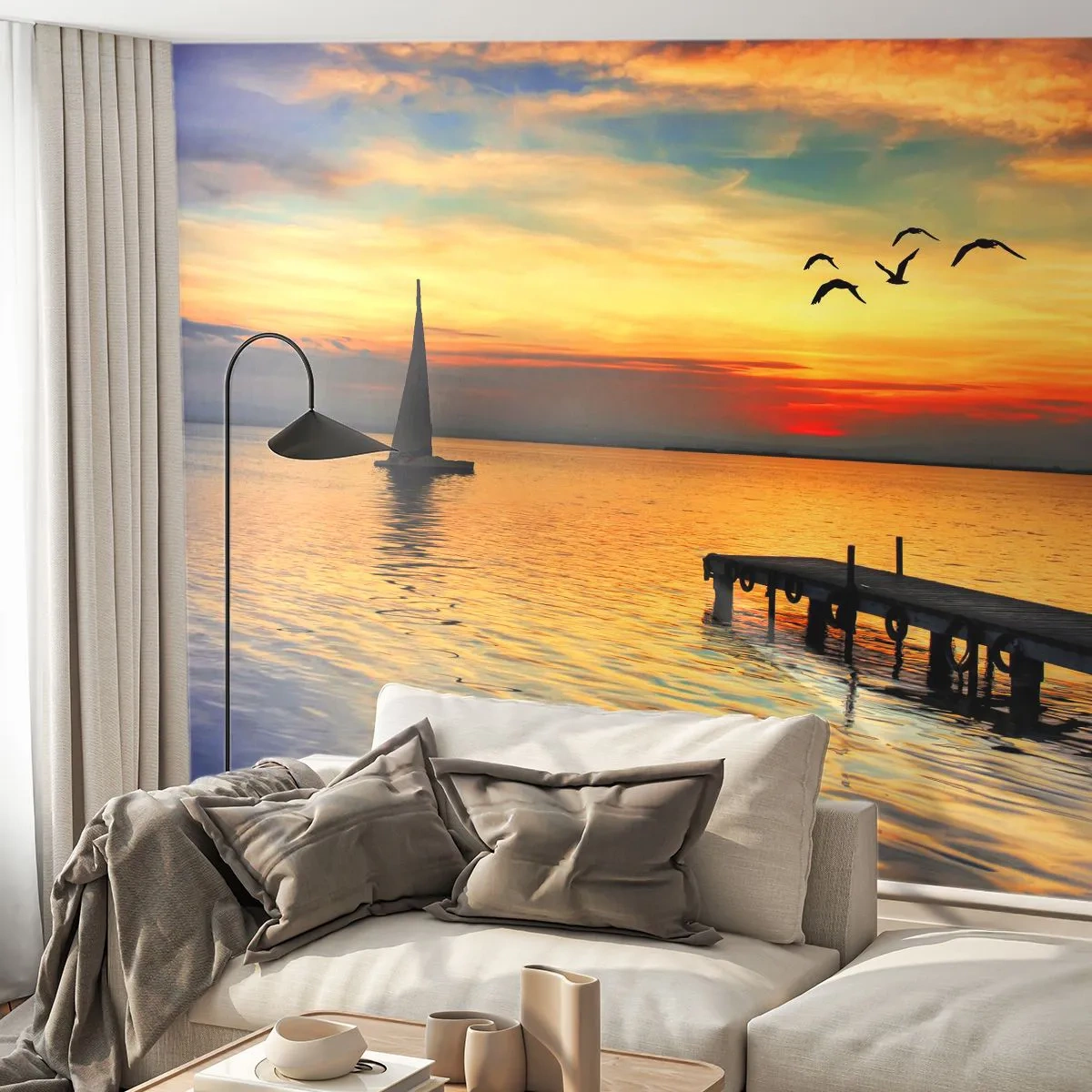 Zelfklevend Fotobehang Deluxe Sticker - De avonden keren terug - Landschap, Zeilboot, Zonsondergang - 250x175 cm