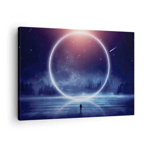 Schilderen op canvas - Een magisch landschap met een figuur en een lichtcirkel in de nacht - 70x50cm - Ze zijn er al... - Moderne wanddecoratie voor woonkamer en slaapkamer ARTTOR