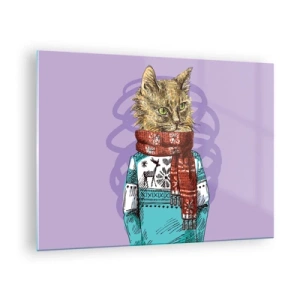 Schilderen op glas - Een kat in een trui en sjaal op een paarse achtergrond - 70x50cm - De kat niet alleen in schoenen - Moderne wanddecoratie voor woonkamer en slaapkamer ARTTOR