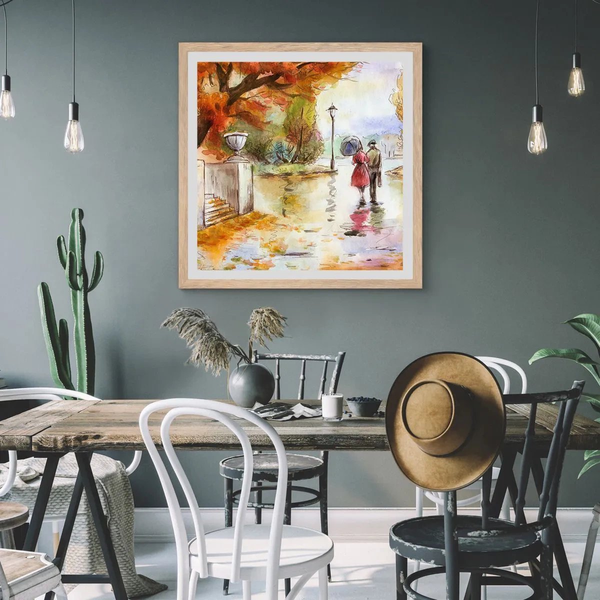 Een poster in een licht eiken lijst - Romantische herfst in het park - 60x60 cm