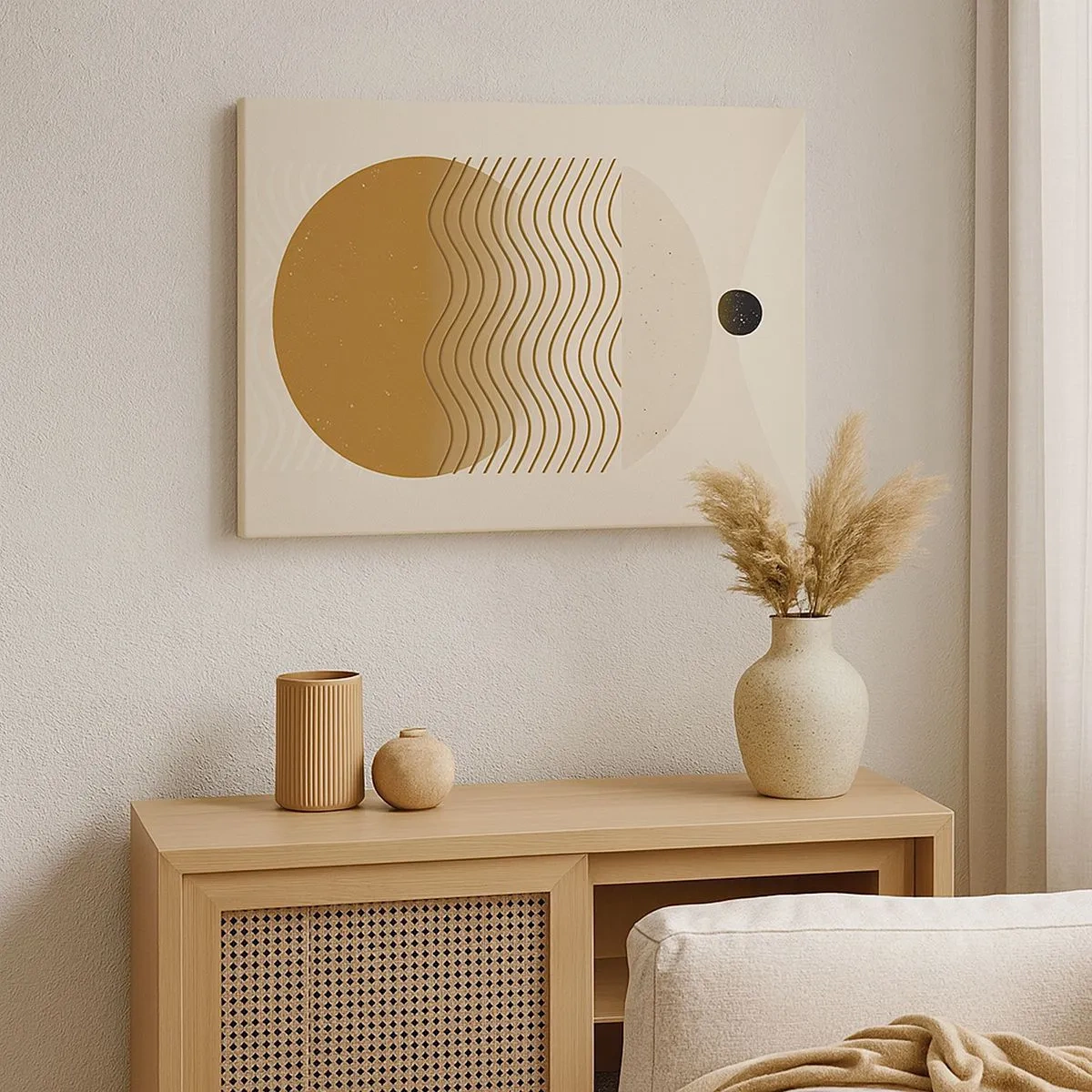 Schilderen op canvas - Geometrische abstractie met cirkels en golvende lijnen in warme kleuren. - 70x50cm - Over de oorsprong van geometrische figuren - Moderne wanddecoratie voor woonkamer en slaapkamer ARTTOR