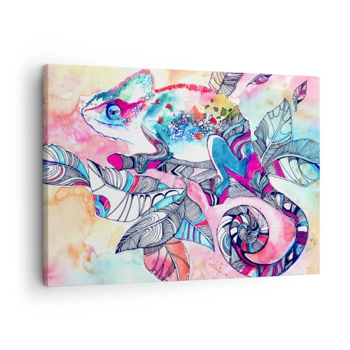 Schilderen op canvas - Kleurrijke kameleon op abstracte bladerenachtergrond - 70x50cm - Zo kleurrijk als onze wereld - Moderne wanddecoratie voor woonkamer en slaapkamer ARTTOR