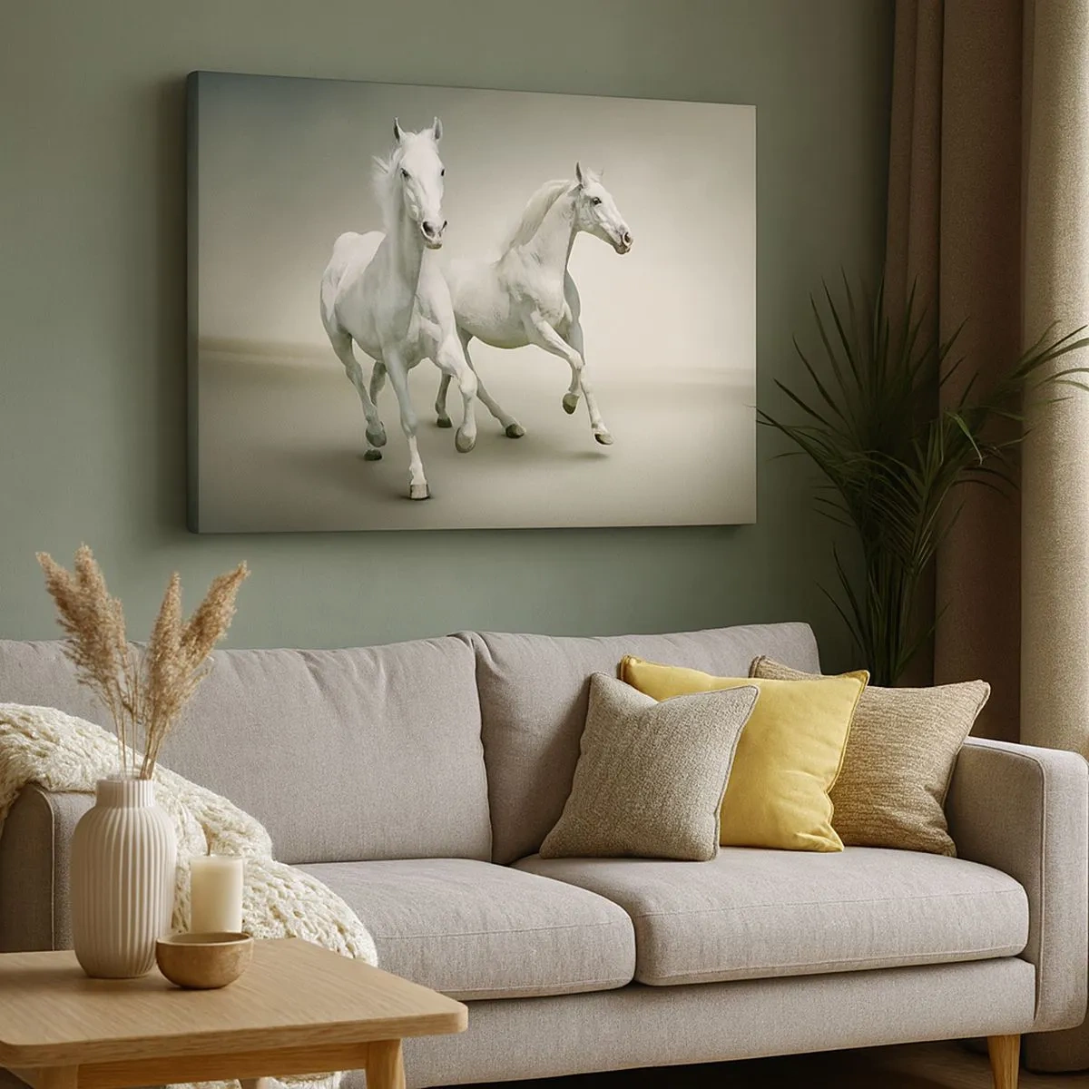 Schilderen op canvas - Twee witte paarden galopperen tegen een lichte achtergrond - 70x50cm - White power! - Moderne wanddecoratie voor woonkamer en slaapkamer ARTTOR
