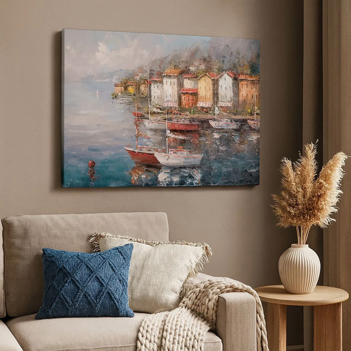 Schilderen op canvas - Zeegezicht met boten en kleurrijke huizen - 70x50cm - Romantisch toevluchtsoord - Moderne wanddecoratie voor woonkamer en slaapkamer ARTTOR