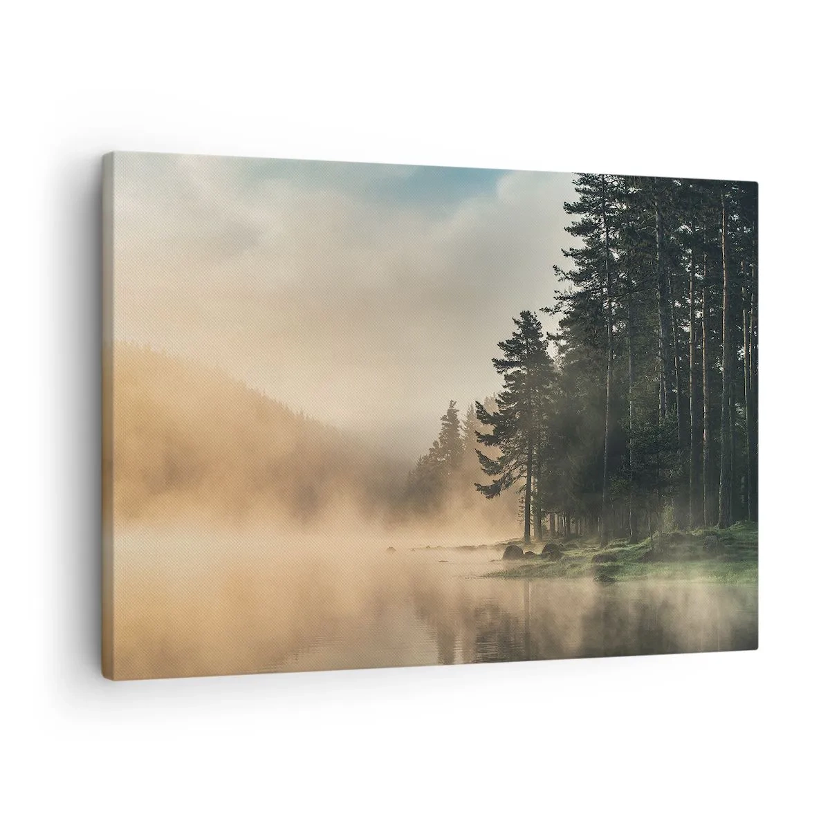 Schilderen op canvas - Een mistig bos boven een kalm meer - 70x50cm - De geboorte van de dag - Moderne wanddecoratie voor woonkamer en slaapkamer ARTTOR
