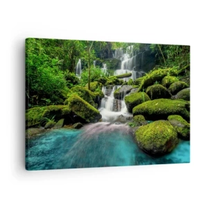 Schilderen op canvas - Een tropische waterval omgeven door groen en turquoise water - 70x50cm - Turkoois, saffieren en vloeibaar zilver - Moderne wanddecoratie voor woonkamer en slaapkamer ARTTOR