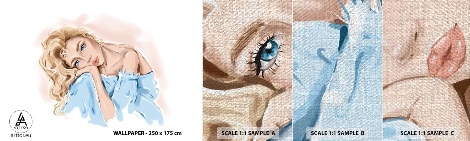 Fotobehang Monster Premium Canvas - Dromerig in het blauw - Vrouw, Mode, Grafisch - 100x30 cm