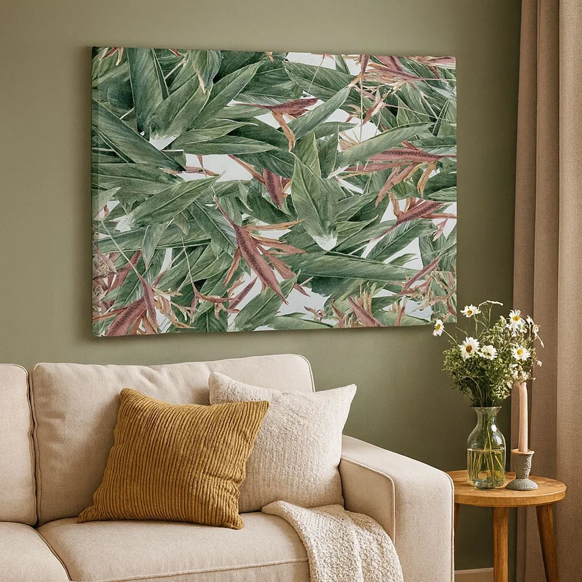 Schilderen op canvas - Een decoratief bladmotief in tinten groen en bordeauxrood op een lichte achtergrond - 70x50cm - Smaragd-lila struikgewas - Moderne wanddecoratie voor woonkamer en slaapkamer ARTTOR