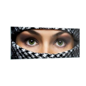 Schilderen op glas - Portret van een gesluierde schoonheid met groene ogen - 100x40 cm