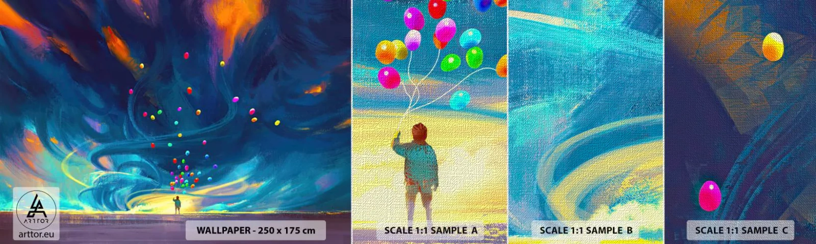 Fotobehang Monster Premium Canvas - Naar de blauwe wind - Voor kinderen, Kleurrijke ballonnen, Abstractie - 100x30 cm