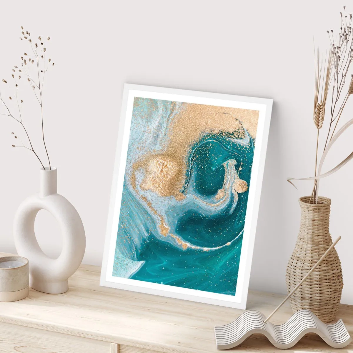 Poster in een witte lijst - Een werveling van goud en turkoois - 70x100 cm