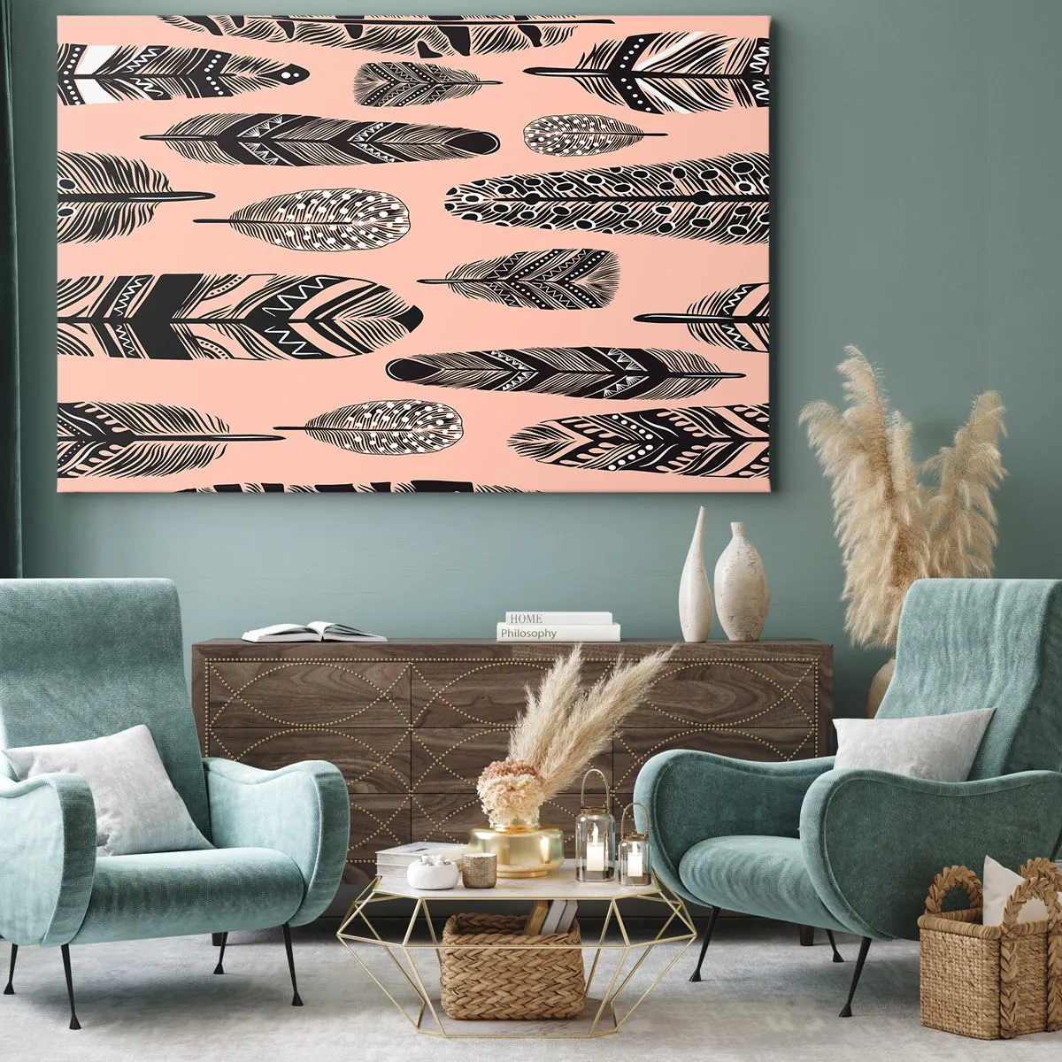Schilderen op canvas - Decoratieve veren op een lichte achtergrond - 70x50cm - Indiase collectie - Moderne wanddecoratie voor woonkamer en slaapkamer ARTTOR