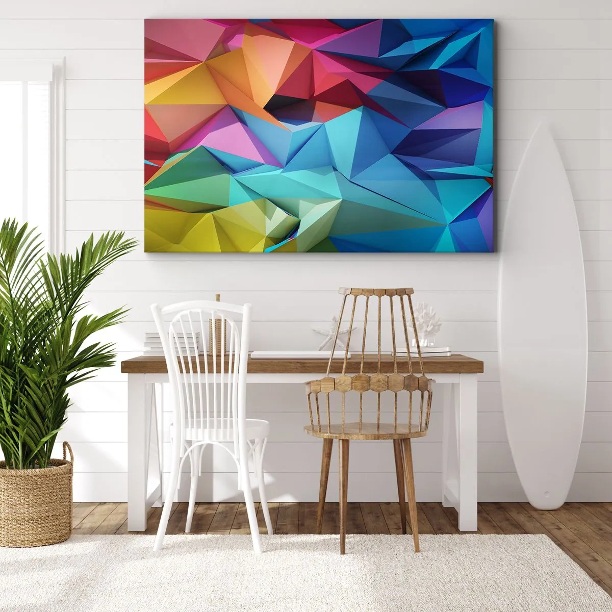 Schilderen op canvas - Kleurrijke geometrische abstractie in levendige kleuren - 70x50cm - Regenboog origami - Moderne wanddecoratie voor woonkamer en slaapkamer ARTTOR
