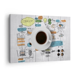 Schilderen op canvas - Een kopje koffie tegen de achtergrond van een conceptuele tekening - 70x50cm - Tijd voor een pauze - Moderne wanddecoratie voor woonkamer en slaapkamer ARTTOR
