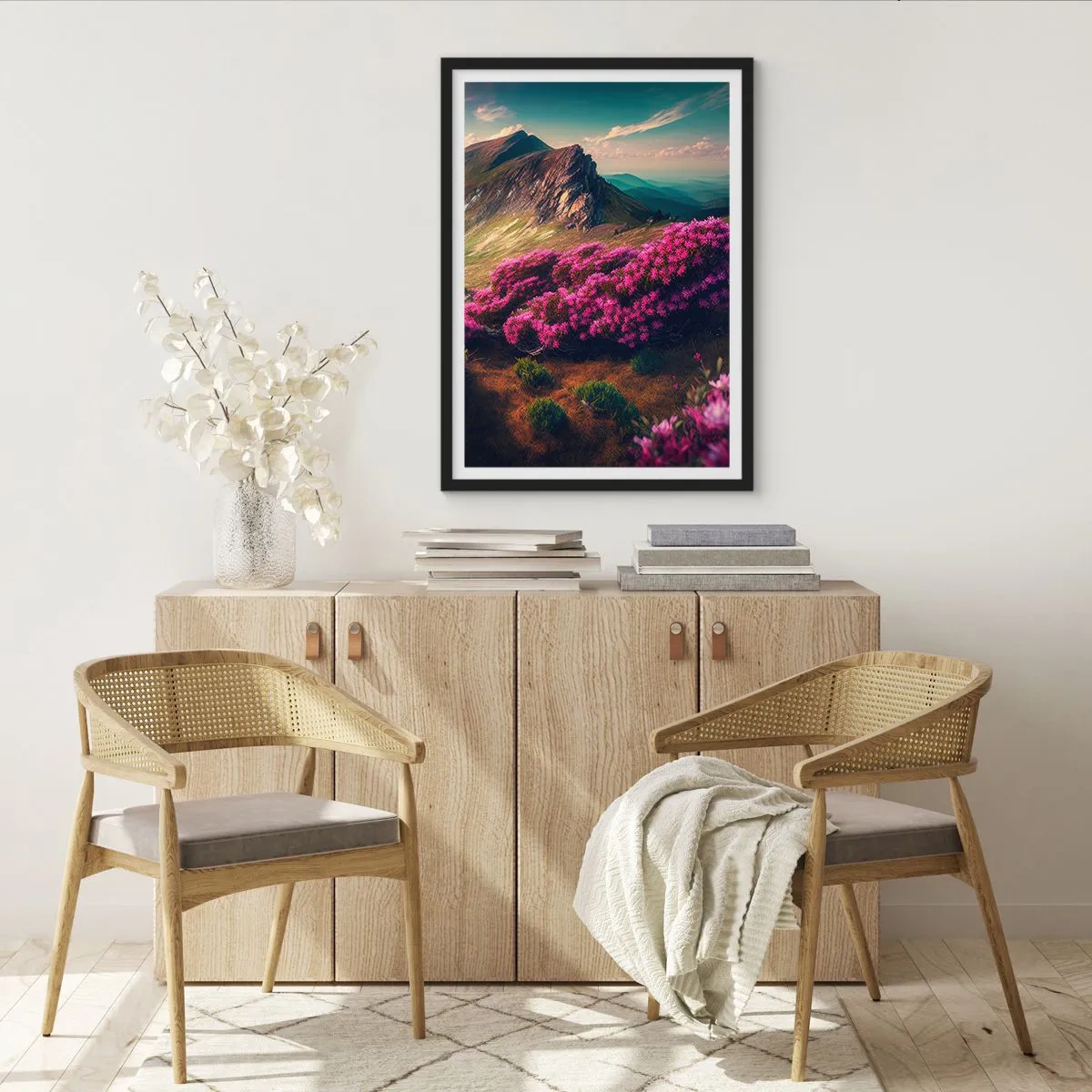 Poster in een zwarte lijst - Berglandschap met bloeiende rododendrons - 50x70cm - Zomer in de bergen - Moderne wanddecoratie voor woonkamer en slaapkamer ARTTOR