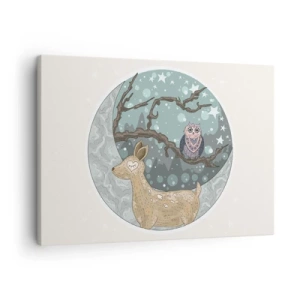 Schilderen op canvas - Een hert en een uil in een sprookjesachtig nachtlandschap - 70x50cm - Een sprookjesachtige bosnacht - Moderne wanddecoratie voor woonkamer en slaapkamer ARTTOR