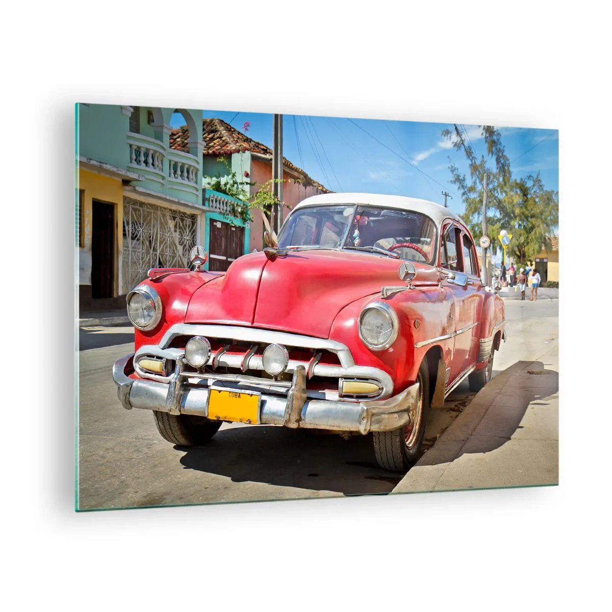 Schilderen op glas - Rode oldtimer op een stadsstraat - 70x50cm - Alleen in Cuba - Moderne wanddecoratie voor woonkamer en slaapkamer ARTTOR