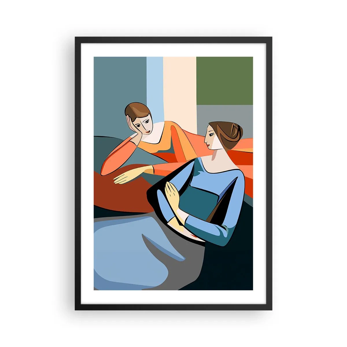 Poster in een zwarte lijst - Een moderne illustratie van twee vrouwen in kubistische stijl. - 50x70cm - Een moment van vertrouwen - Moderne wanddecoratie voor woonkamer en slaapkamer ARTTOR