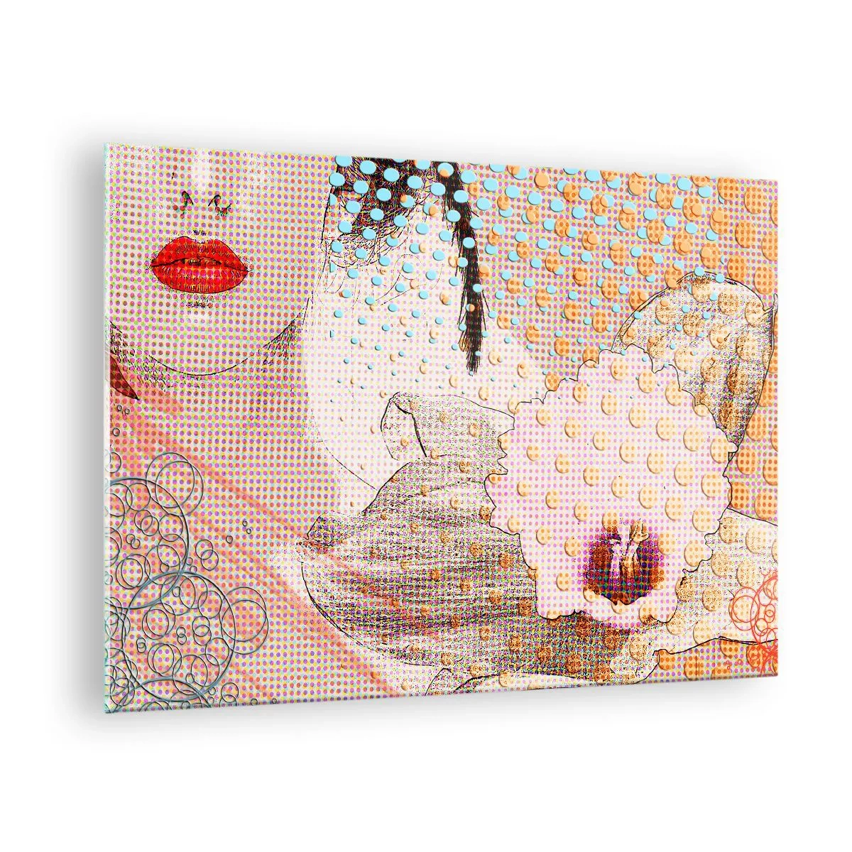 Schilderen op glas - Illustratie van een portret van een vrouw met een bloem op de achtergrond in pop-artstijl - 70x50cm - Stripboek heroïne - Moderne wanddecoratie voor woonkamer en slaapkamer ARTTOR