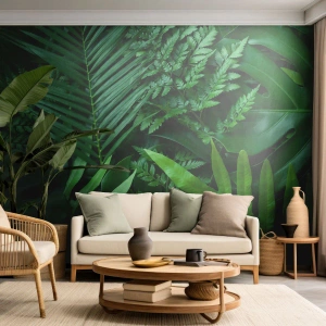 Fotobehang Premium Canvas - Ineengedoken in het groen - Exotische plant, Palmblad, Monstera-blad - 100x70 cm