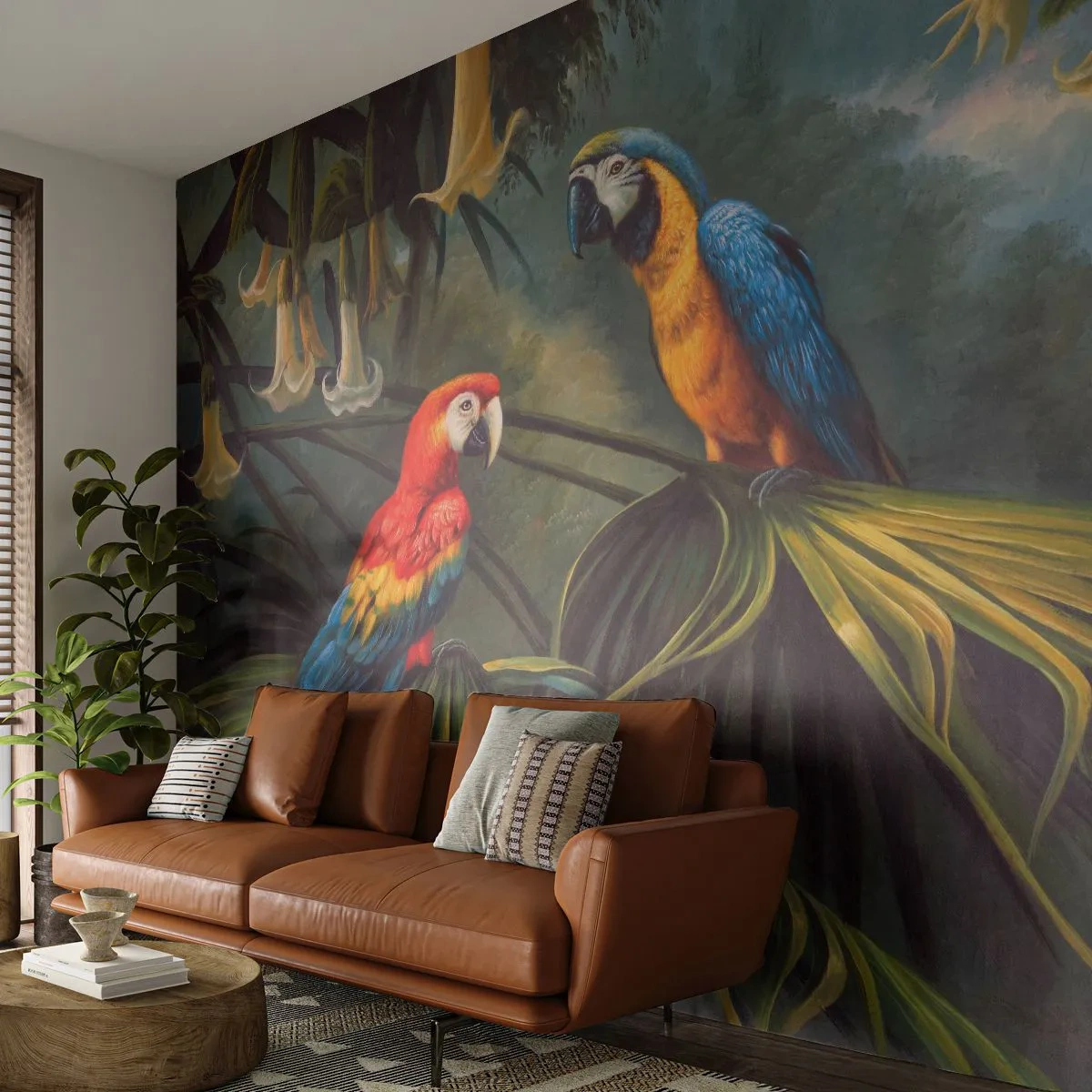 Fotobehang Standard Eco - Twee kleurrijke papegaaien in een tropische jungle - 100x70cm - Romantiek in de tropen - Moderne wanddecoratie voor woonkamer en slaapkamer ARTTOR