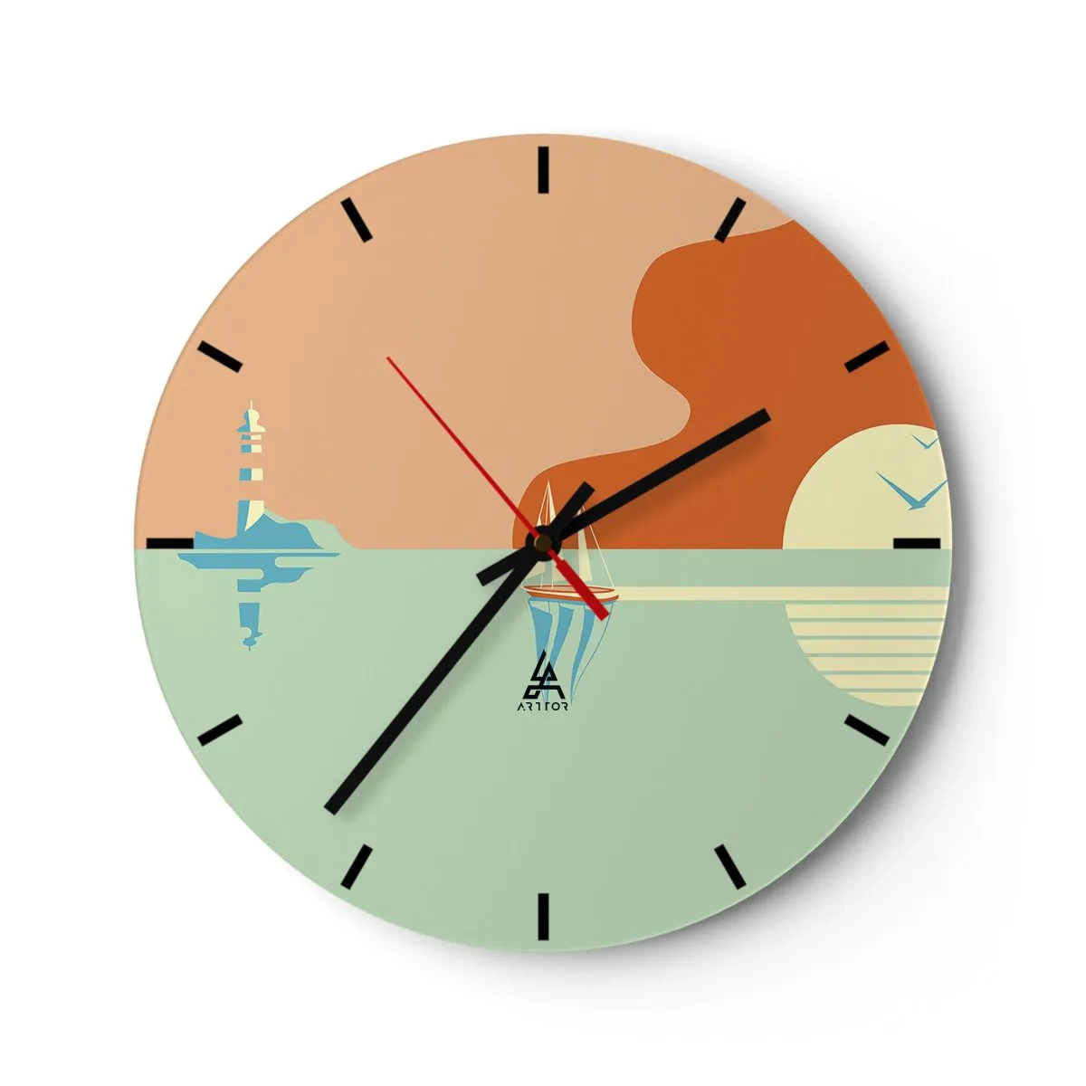 Wandklok - Klok - Een minimalistisch zeegezicht met een vuurtoren en een zeilboot - 30x30cm - Het perfecte zeelandschap - Moderne wanddecoratie voor woonkamer, keuken en slaapkamer ARTTOR