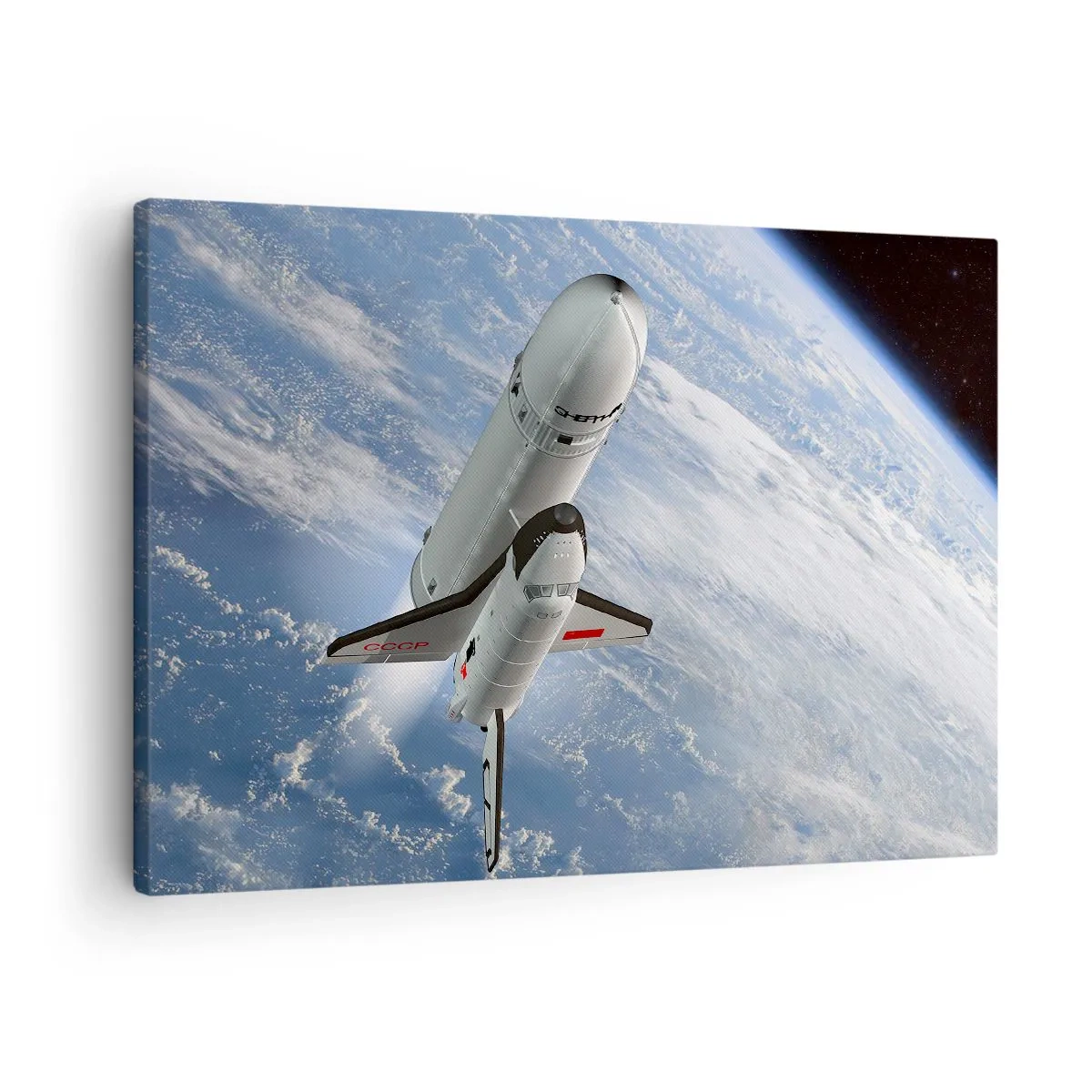 Schilderen op canvas - Een ruimteraket die oprijst tegen de achtergrond van de aarde - 70x50cm - Kosmische Hemelvaart - Moderne wanddecoratie voor woonkamer en slaapkamer ARTTOR