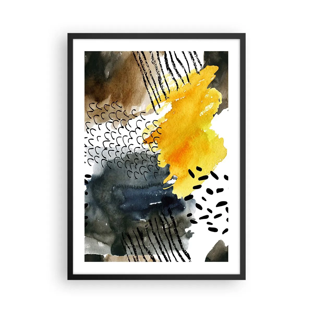 Poster in een zwarte lijst - Abstracte compositie in tinten geel en zwart - 50x70cm - Een ontmoeting van de elementen - Moderne wanddecoratie voor woonkamer en slaapkamer ARTTOR