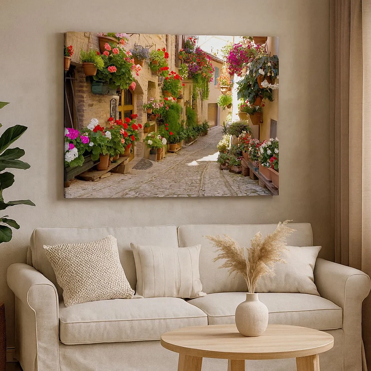 Schilderen op canvas - Een straat met potplanten en stenen muren - 70x50cm - In de vloed van bloemen - Moderne wanddecoratie voor woonkamer en slaapkamer ARTTOR