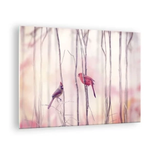 Schilderen op glas - Twee vogels tussen delicate takjes in pasteltinten - 70x50cm - Verhaal van het roze woud - Moderne wanddecoratie voor woonkamer en slaapkamer ARTTOR