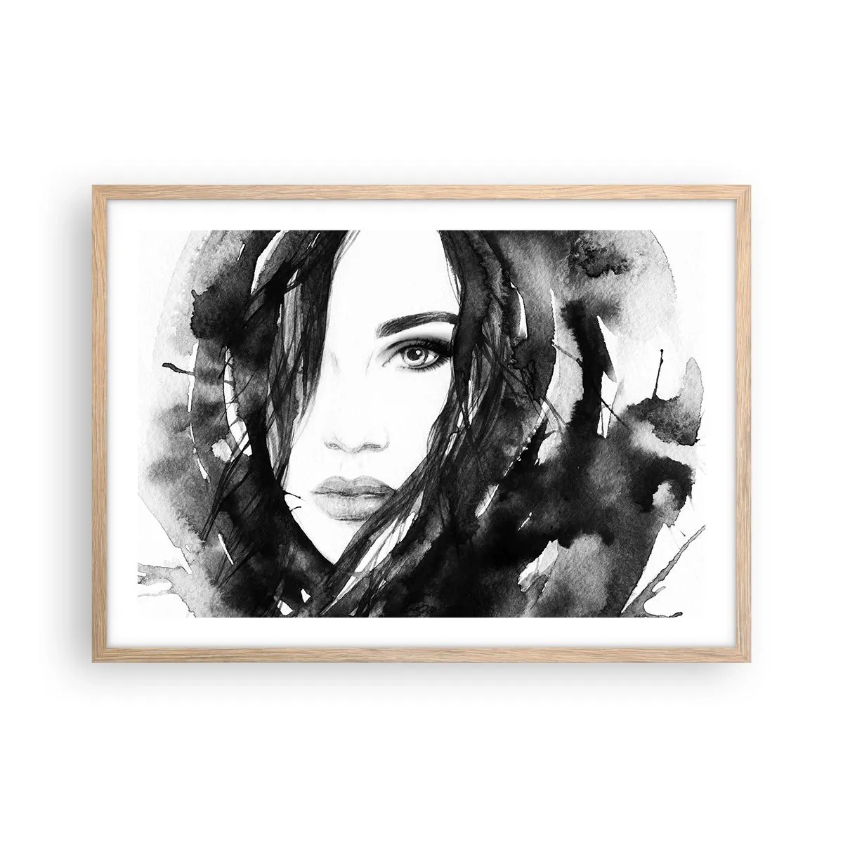 Een poster in een licht eiken lijst - Portret van een dame in zwart en wit - 70x50 cm