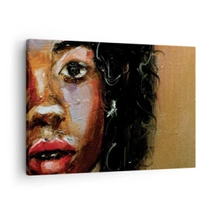 Schilderen op canvas - Expressief portret van een vrouw in intense kleuren. - 70x50cm - Zwart en gloed - Moderne wanddecoratie voor woonkamer en slaapkamer ARTTOR