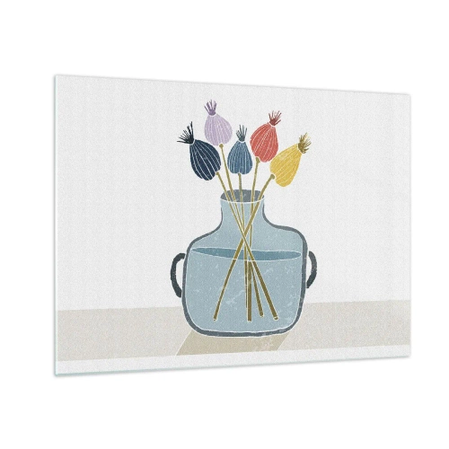 Schilderen op glas - Decoratieve klaprozenkoppen in een kruik in grafische stijl - 70x50cm - Alsof hij met maanzaad heeft gezaaid - Moderne wanddecoratie voor woonkamer en slaapkamer ARTTOR