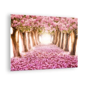 Schilderen op glas - Een laan met bloeiende bomen met roze bloemblaadjes op de grond - 70x50cm - De weg naar het paradijs - Moderne wanddecoratie voor woonkamer en slaapkamer ARTTOR